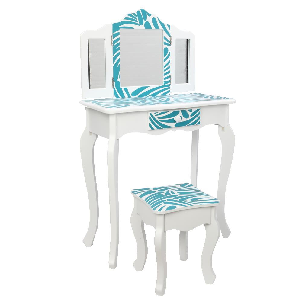 Winado Kids Vanity Table Set, Princess Wooden Dressing Table and Stool Vanity Set, Little Girls