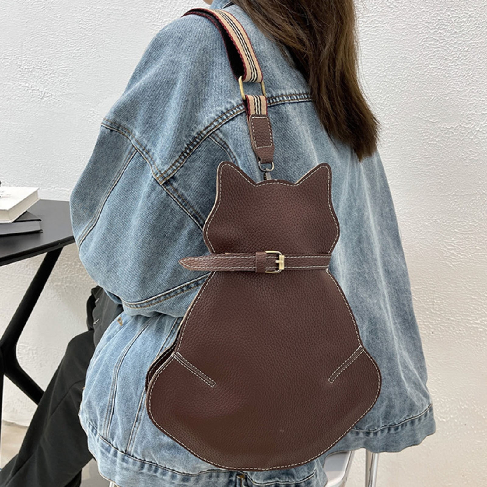 Modstep Women Crossbody Bags Leather Cat Purse Adjustable Wide Strap Chest Bag Cartoon Novelty Zipper Gift Sling Shoulder Bags Brown