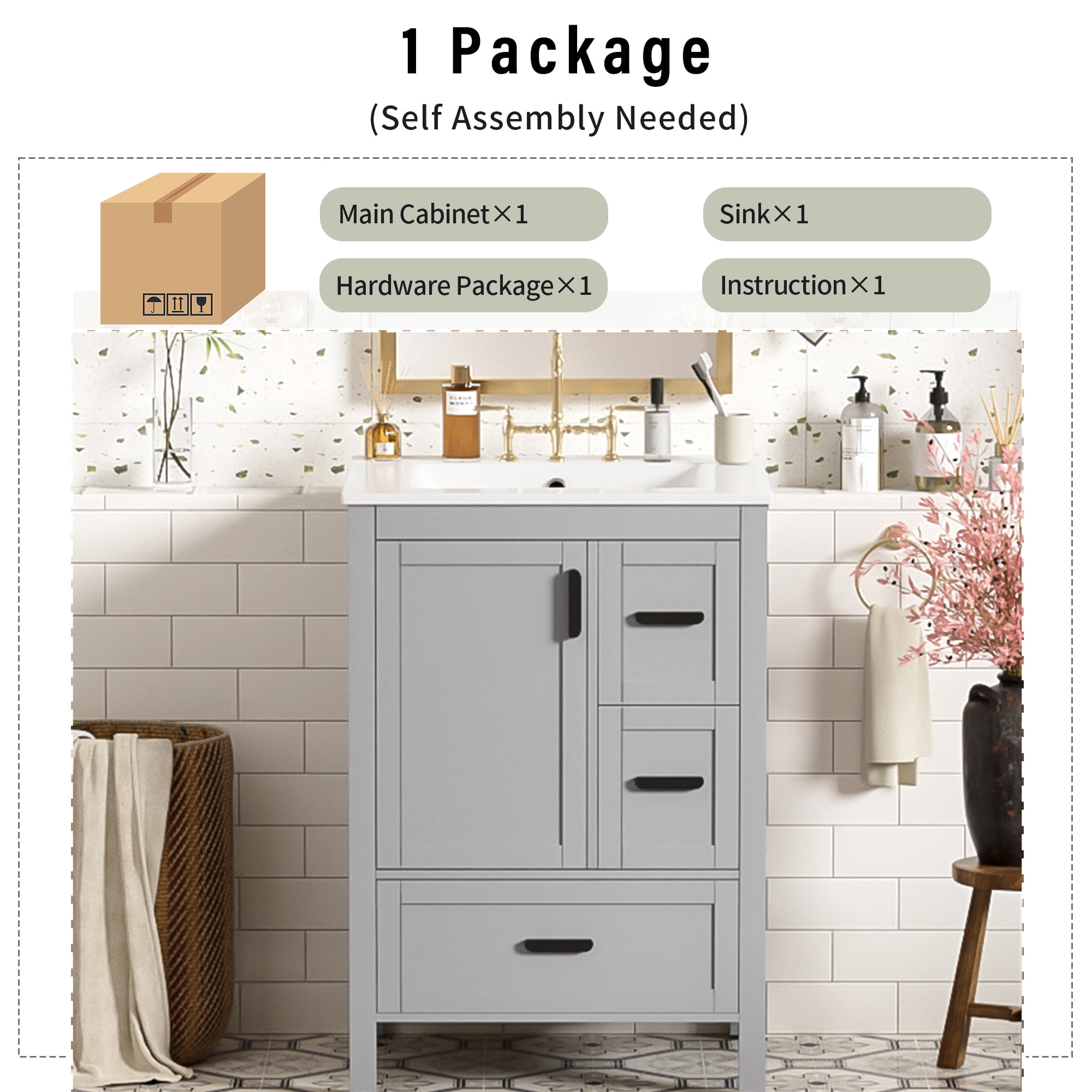 Euroco Modern 24-inch Bathroom Vanity with Ceramic Sink, Soft-Close Door, Double-Layer Door Shelf, and 3 Drawers