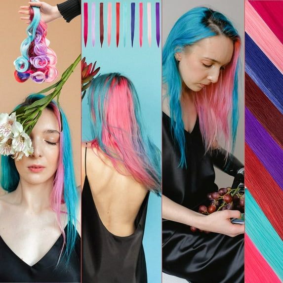 MY-LADY Colorful Straight Hair Extensions Clip in Rainbow Multi-color Clip in Synthetic Long Hairpiece Party Highlights Colorful Clip in Hair Extensions for women girls kids gift
