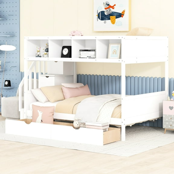 Twin Over Full Bunk Bed With Shelves, 2 Staircases & Storage - White Staircase Storages