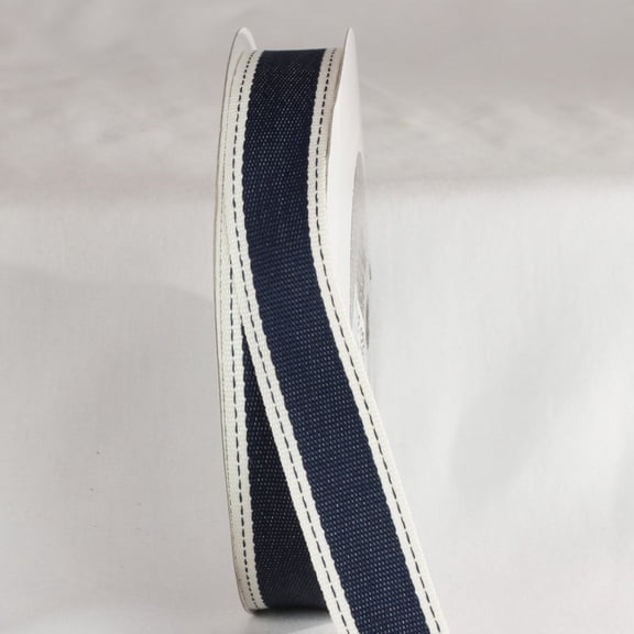 The Ribbon People Navy Blue and White Woven Edge Stitch Craft Ribbons 1" x 120 Yards