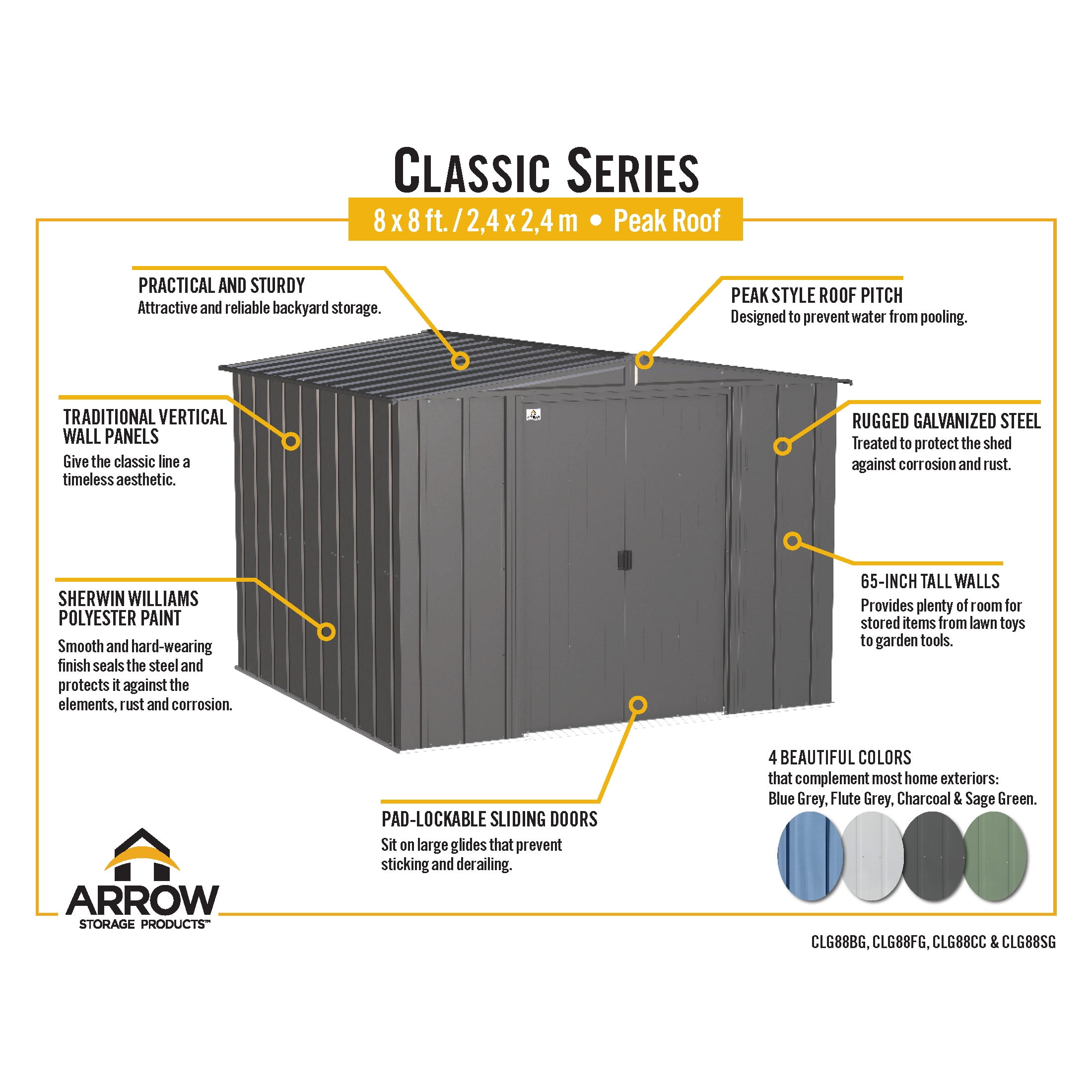 Arrow 8 x 8 x 6 ft Grey Shed