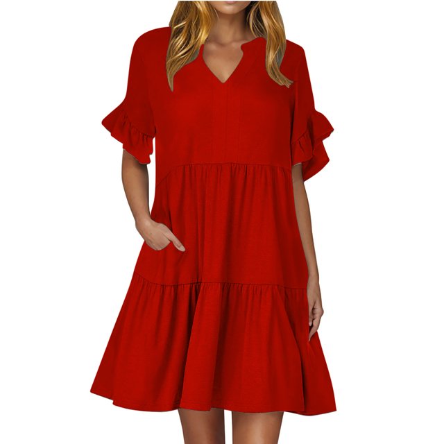 Vestido de Verano de Manga Corta para las Mujeres una Línea de Playa Casual, Bolsillos de Primavera Suelto Vestido de Poliéster