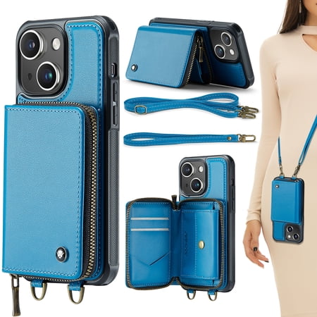 for iPhone 14 Case Wallet, Crossbody Zipper Purse Handbag with RFID Blocking Card Slots Kickstand, Detachable Shoulder Lanyard Flip Style PU Leather Shockproof Case for iPhone 14,Blue