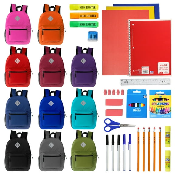 12 Wholesale 17" Diamond Patch Backpacks in Asst Colors & 12 Bulk School Supply Kits (50 Piece)