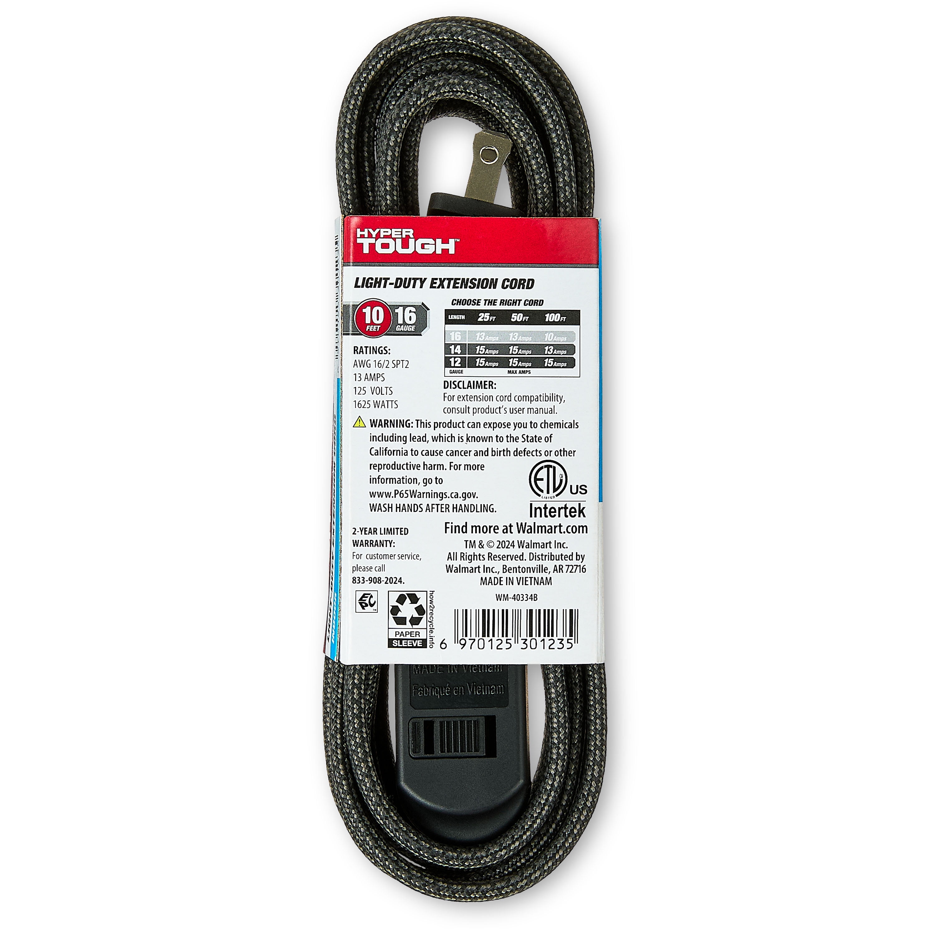 Hyper Tough Indoor Extension Cord 10 ft with 3 Outlets, 2 Prong