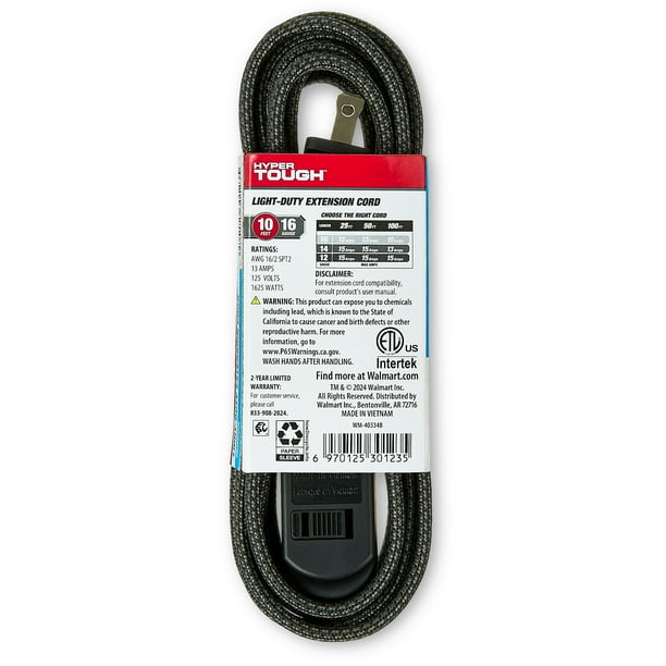 Hyper Tough Indoor Extension Cord 10 ft with 3 Outlets, 2 Prong