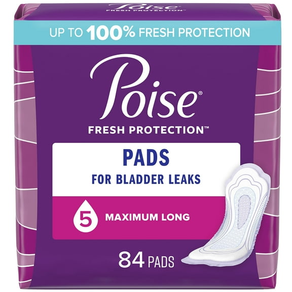 Poise Incontinence Pads & Postpartum Incontinence Pads, 5 Drop Maximum Absorbency, Long Length, 84 Count (2 Packs of 42), Packaging May Vary
