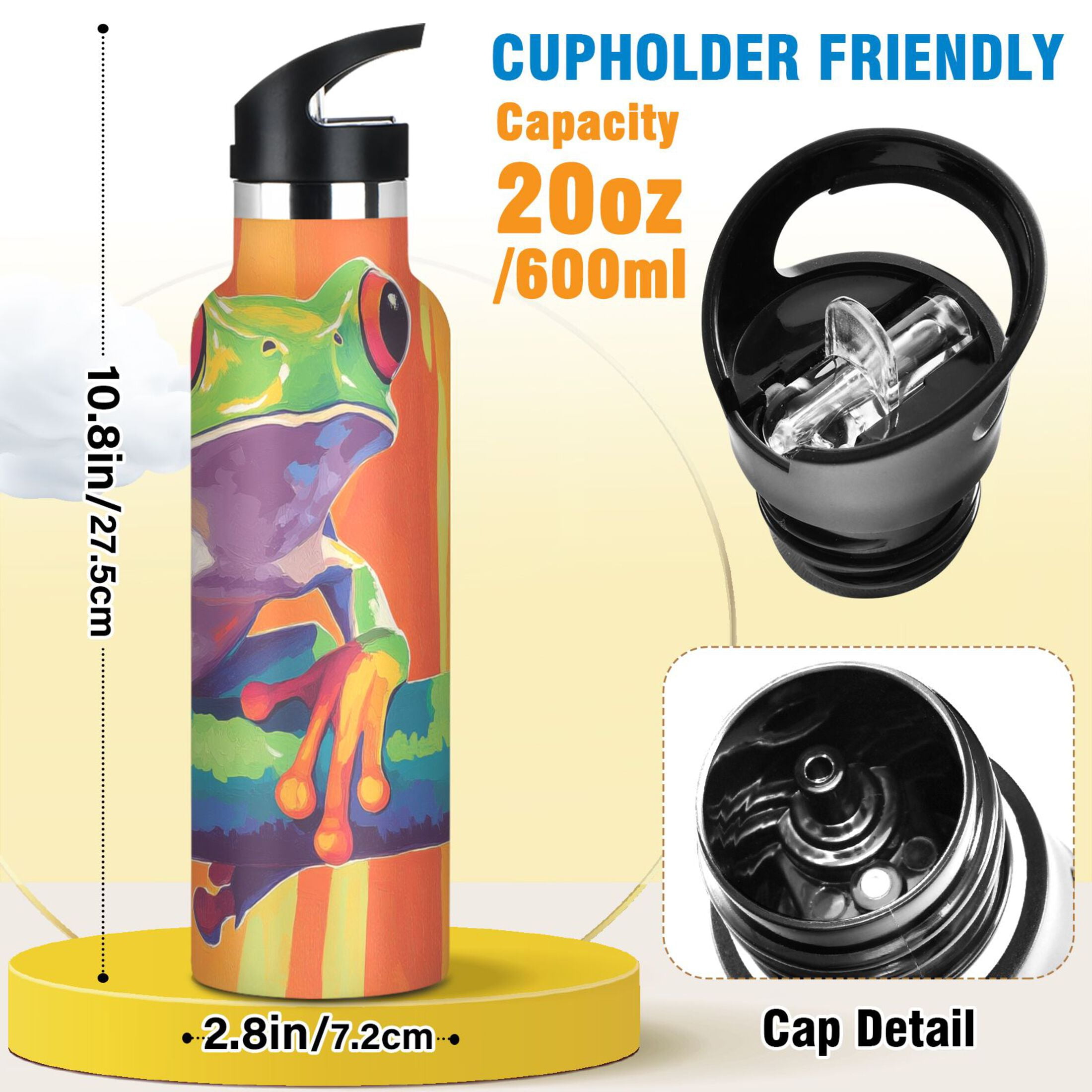 600ML Stainless Steel Insulated Cup Sports Water Bottle Portable Thermos Cup Water Glasses Insulated Tumblers Convenient and Durable Lovely Green Frog