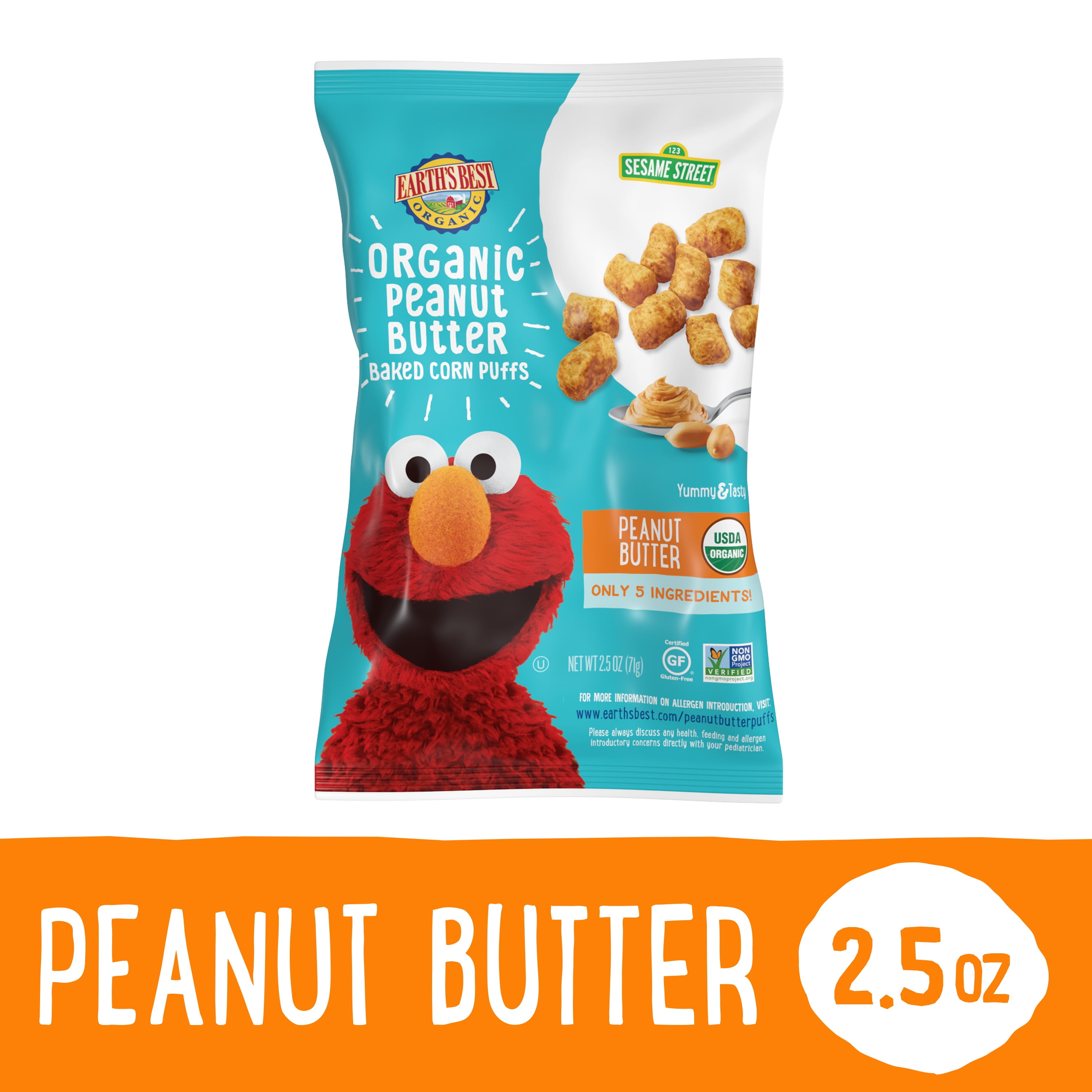 Earth's Best Organic Toddler Snacks, Peanut Butter Baked Corn Puffs, 2.5 oz Bag