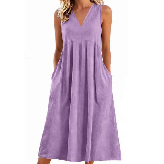 Betivan Women's Solid Sleeveless V-Neck Casual Dress With Pockets Linen-Like Washed Wrinkle Loose Lightweight Summer Midi Dress for Ladies Daily Beach Holiday Vacation