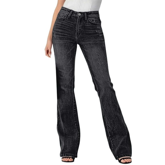 Ediodpoh Casual Solid Flared Pants for Women Stretchy Denim Trousers High Waist Bootcut Wear Comfortable Everyday Elastic Jeans Black XS