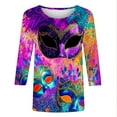 thumbnail image 4 of Riecok Mardi Gras Shirts Plus Size Mask Print Crewneck Pullover 3/4 Sleeve Tunic Tops Funny Holiday Blouses, 4 of 5
