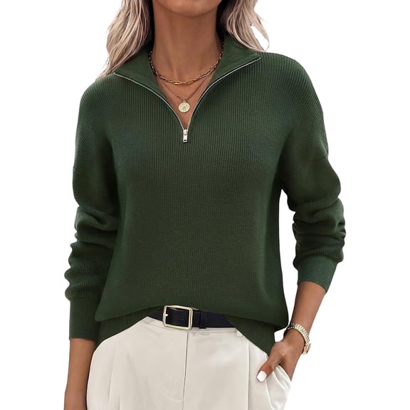 Women's Half Zip Knit Pullover Sweater, Long Sleeve Collared Casual Top for Fall Winter Everyday Wear