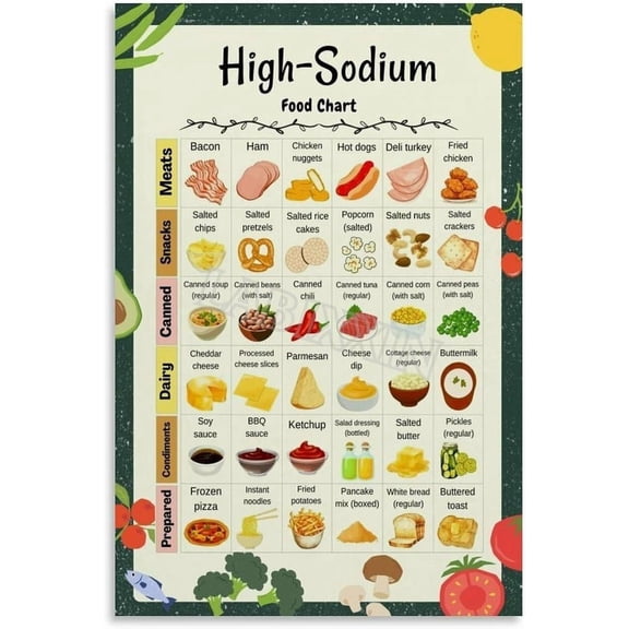 High Sodium Food Chart Poster Healthy Diet List Guide Kitchen Decor Poster  Wall Art Painting for Living Room Bedroom Decor