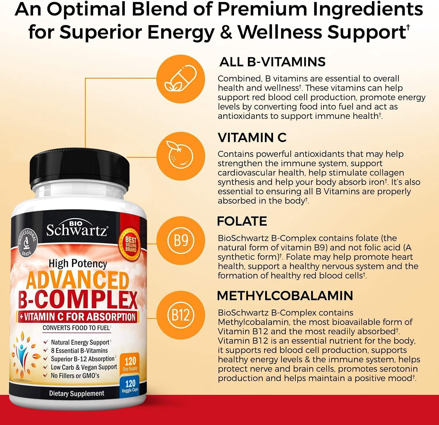 BioSchwartz Advanced Vitamin B Complex with Vitamin C for Energy Support, 120 Capsules