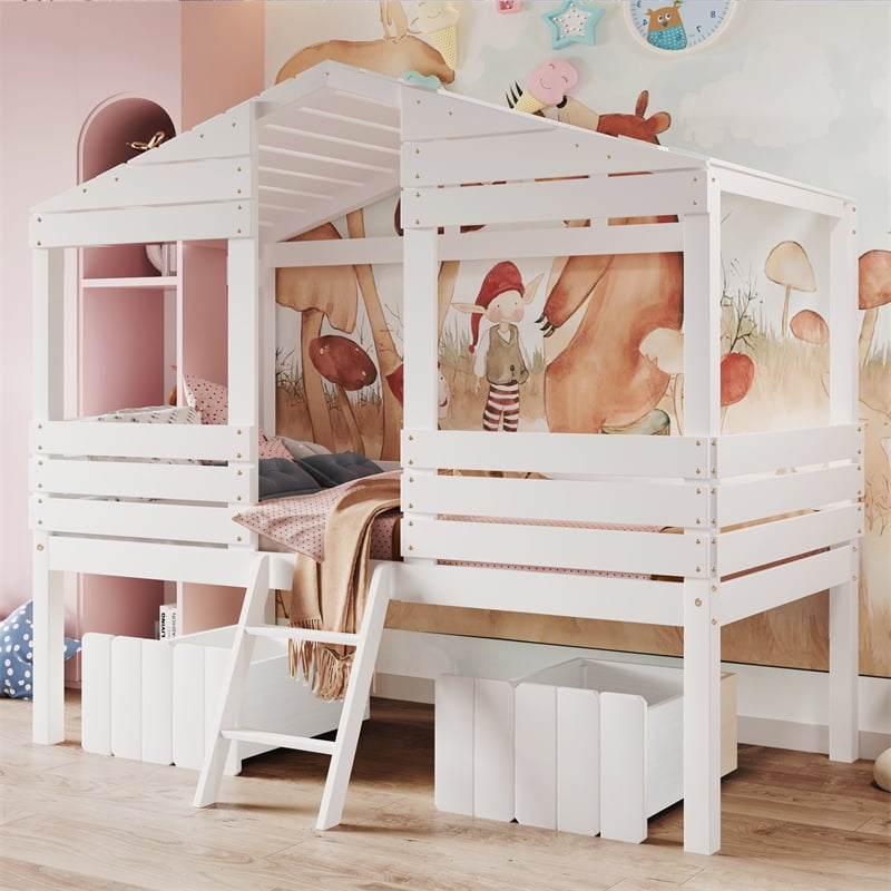 Twin Size House Bed, Low Loft House Bed with 2 Storage Drawers,Wood Playhouse Bed Frame with