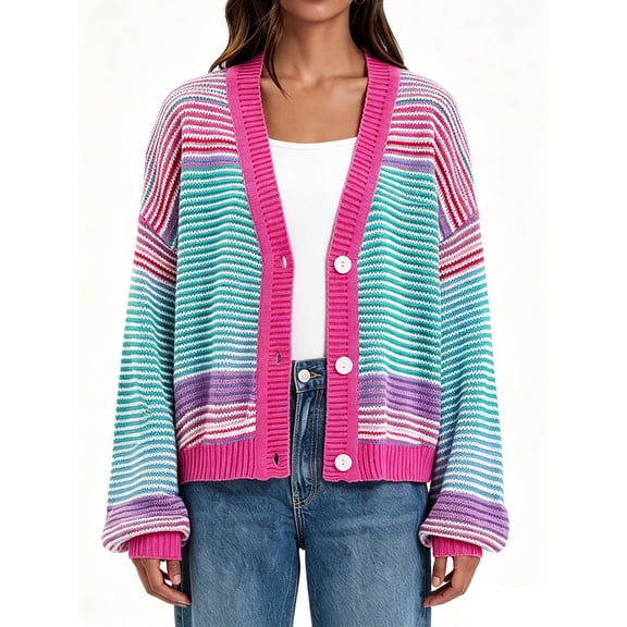 Long Sleeved Fall V-neck Colorful Striped Print Casual Knit Cardigan Coat
