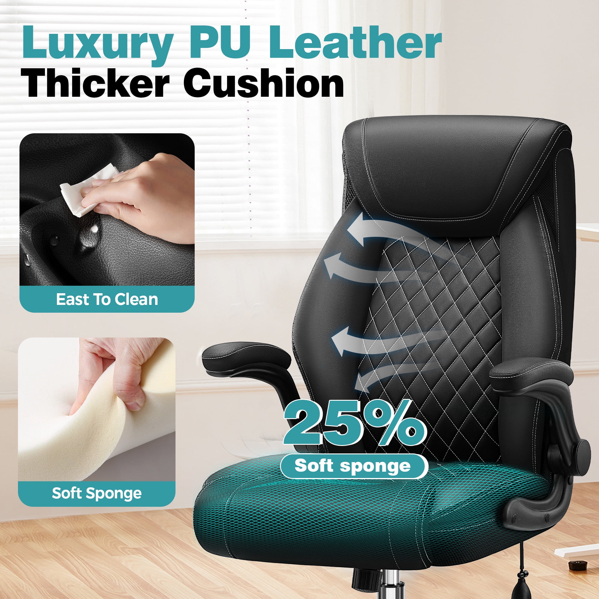 ATHOPE Leather Office Chair, Executive Desk Chairs with Flip-up Padded Armrests, Big and Tall Office Chair with Wheels, Ergonomic Computer Chair with Lumbar Support for Home Office, Black
