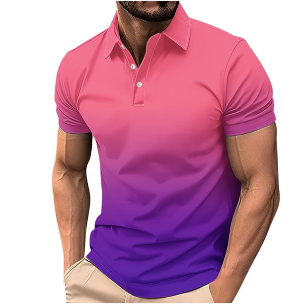 Camisa Casual de Impresión de Gradiente de los Hombres, Top de Solapa de Manga Corta en Tela de Malla Ligera para el Aire Libre Y el Ocio, Blusa de Suéter Elegante