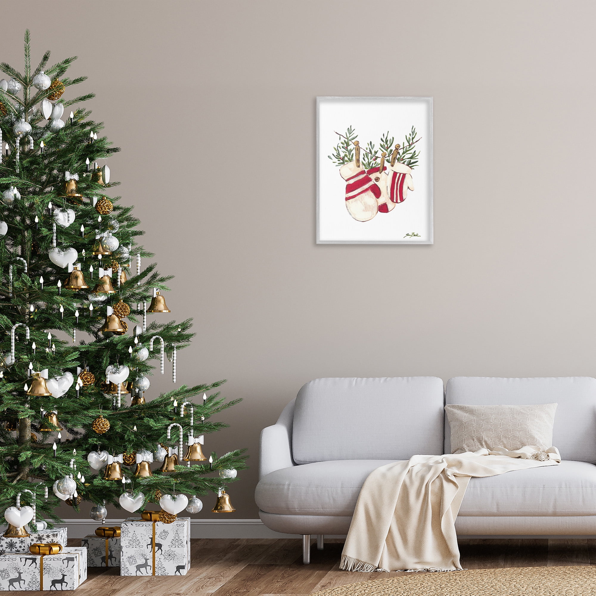 Stupell Industries Winter Mittens on Clothesline Holiday Painting Gray Framed Art Print Wall Art, 24 x 30