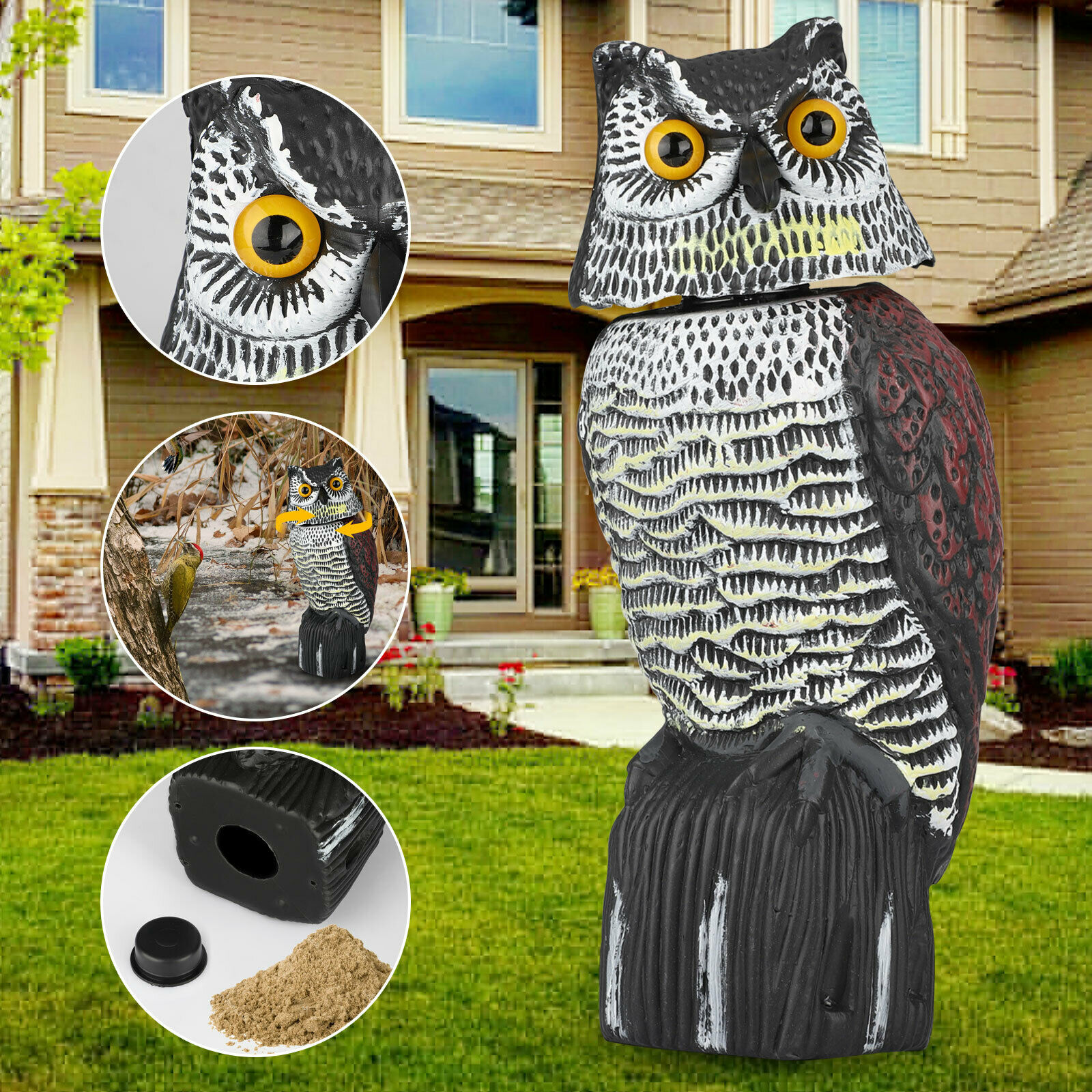 Large Rotating Head Owl Decoy Garden Protection Repellent Bird Scarer
