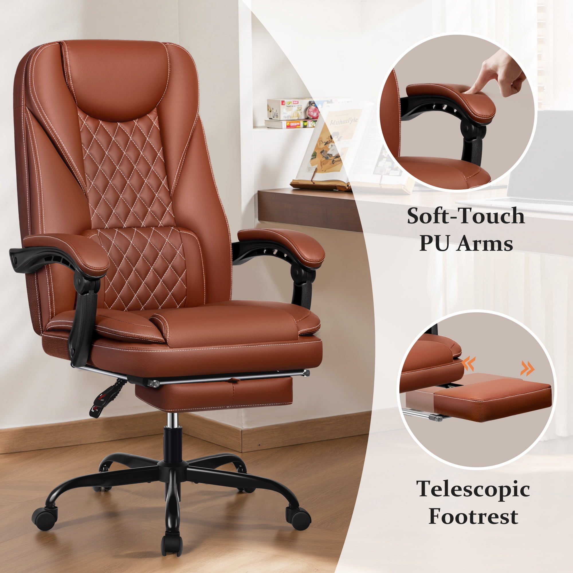 Primy Premium Executive Office Chair - Big & Tall PU Leather Reclining Chair with Footrest & Lumbar Support, 400lb Heavy Duty Ergonomic Computer Desk Chair for Home/Office, Brown