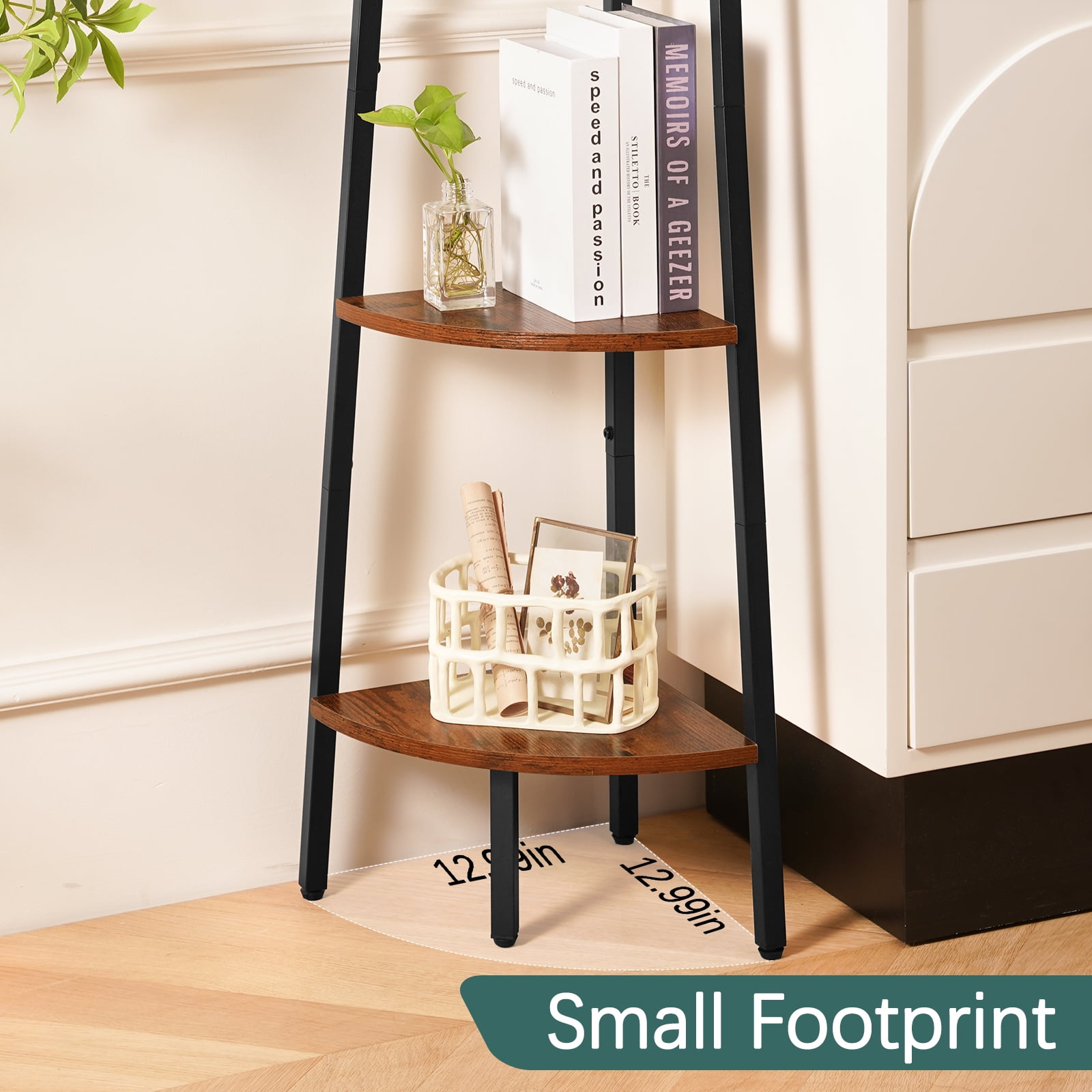 Yoobure 4-Tier Corner Bookshelf with Metal Frame,Ladder Display Shelf for Bedroom and Living Room, Tall Wood Corner Bookcase and Plant Stand