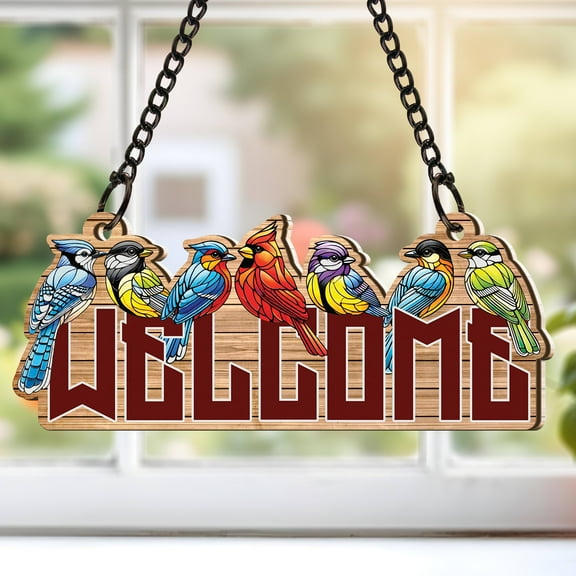 Lotusprinthandmade Bird Lovers Welcome Custom Shape Window Hanging Suncatcher 3.5in, welcome bird window hanging, bird lovers stained glass suncatcher
