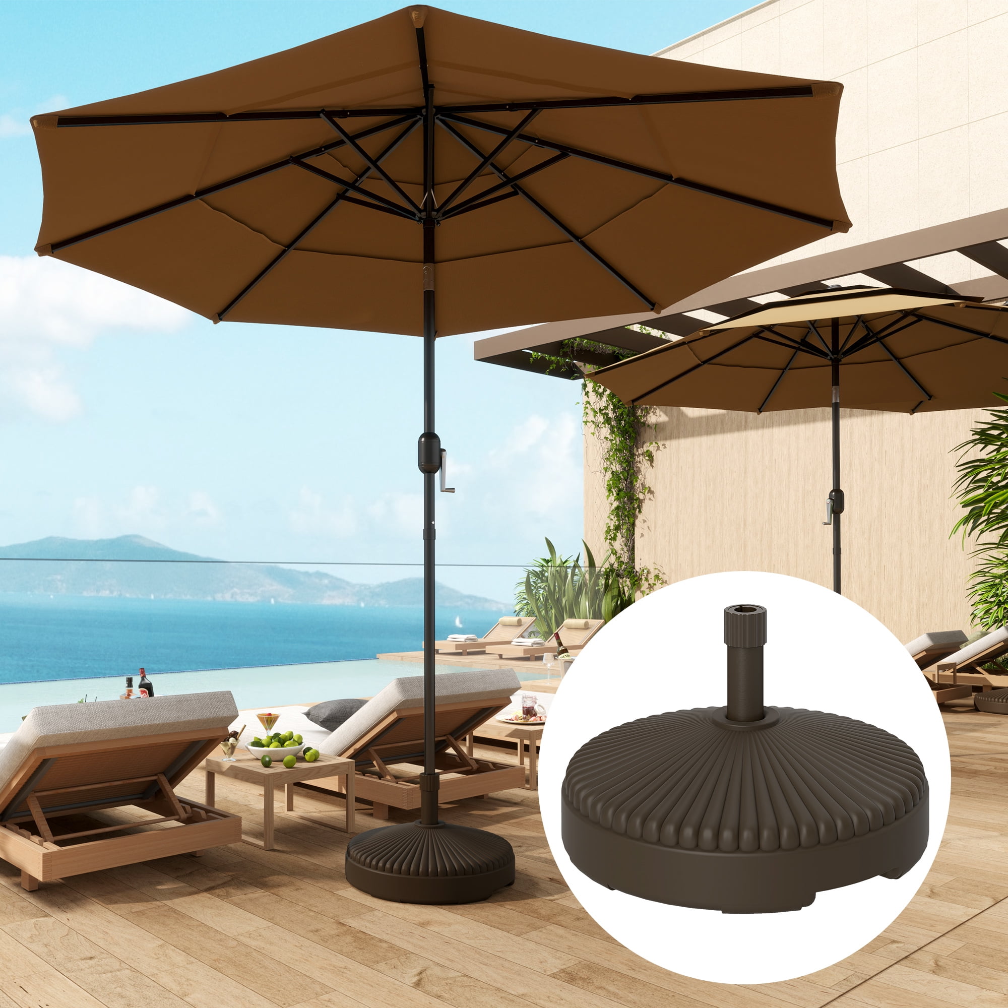 Round Patio Umbrella Base Holder, Heavy Duty Outdoor Umbrella Stand Base, Filled Up to 62lbs with Sand or 51lbs with Water for Garden, Poolside, Brown