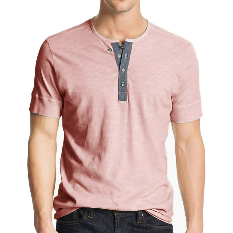 Vsssj Solid Color Pullover Shirt for Men Classic Fit Crewneck Button Short Sleeve Shirts Fashion Summer Sport Lightweight Breathable Top Pink M, Men's