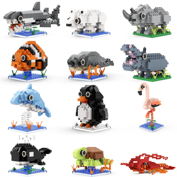 12 Pack Mini Sea Animal Building Blocks, Ocean Creatures Bricks Set, Party Favors & Goodie Bag Fillers, DIY STEM Toy Gifts for Kids Ages 8