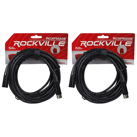 (2) Rockville RCXFM20E-B 20 Ft Female to Male XLR Mic Cables Black 100% Copper