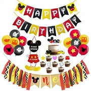 Mickey Mouse First Birthday Party Decorations , Mickey Mouse Happy Birthday Banner, Mickey Mouse One Highchair Banner, The One Cake Topper and 12 Pcs Latex Balloons for Baby Gilr Boy Mickey Mouse