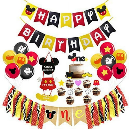 Mickey Mouse First Birthday Party Decorations , Mickey Mouse Happy Birthday Banner, Mickey Mouse One Highchair Banner, The One Cake Topper and 12 Pcs Latex Balloons for Baby Gilr Boy Mickey Mouse