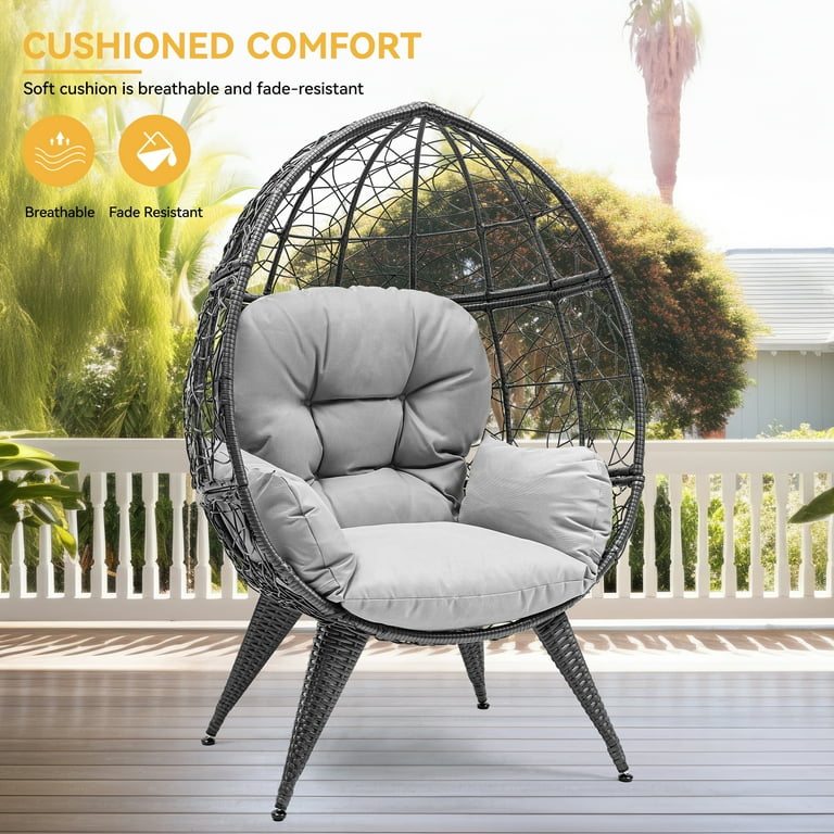 Dextrus Egg Chair Wicker Outdoor Indoor Oversized Large Lounger with Stand Cushion Egg Basket Chair 350lbs Capacity for Patio Garden Backyard
