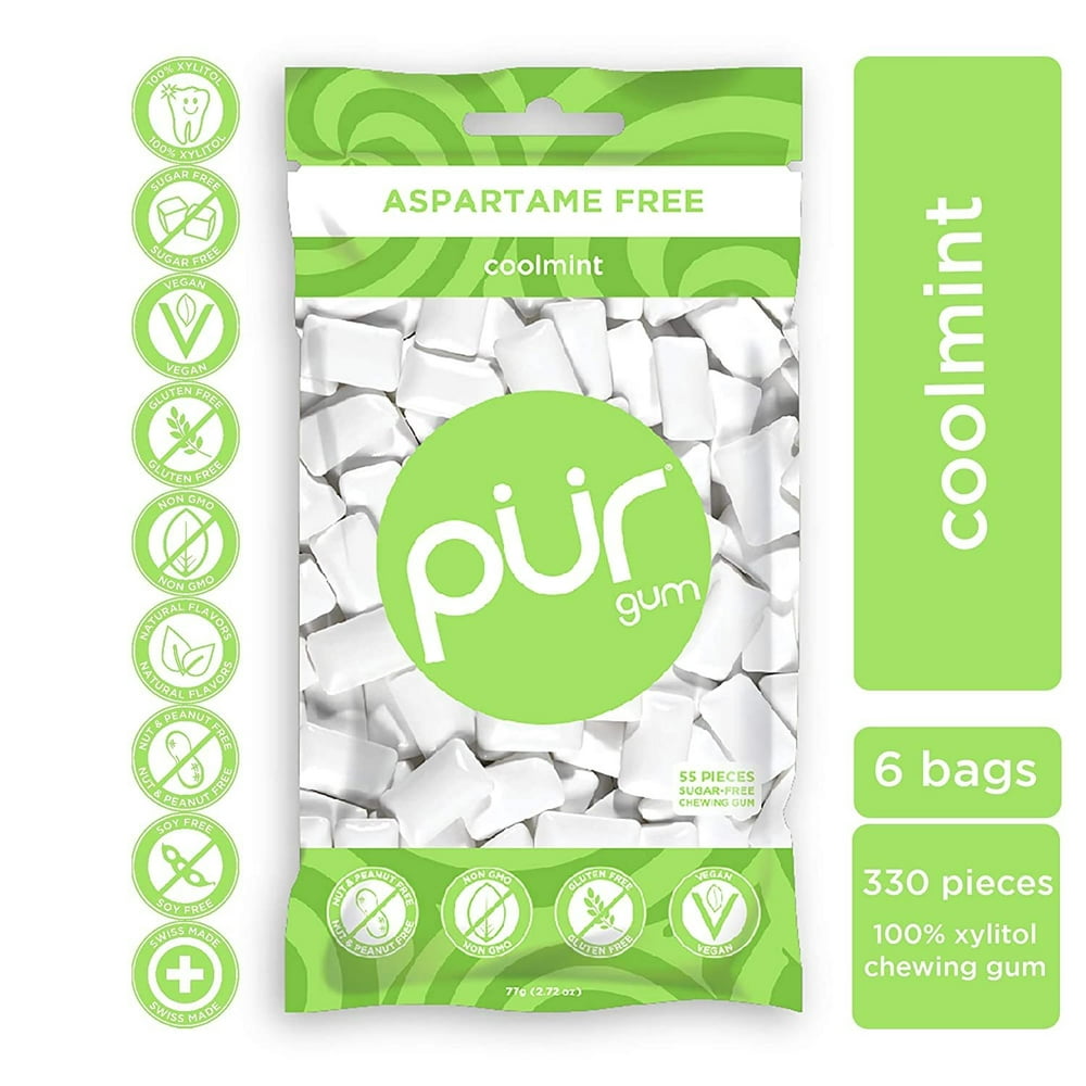 PUR 100 Xylitol Chewing Gum, Coolmint, SugarFree + Aspartame Free
