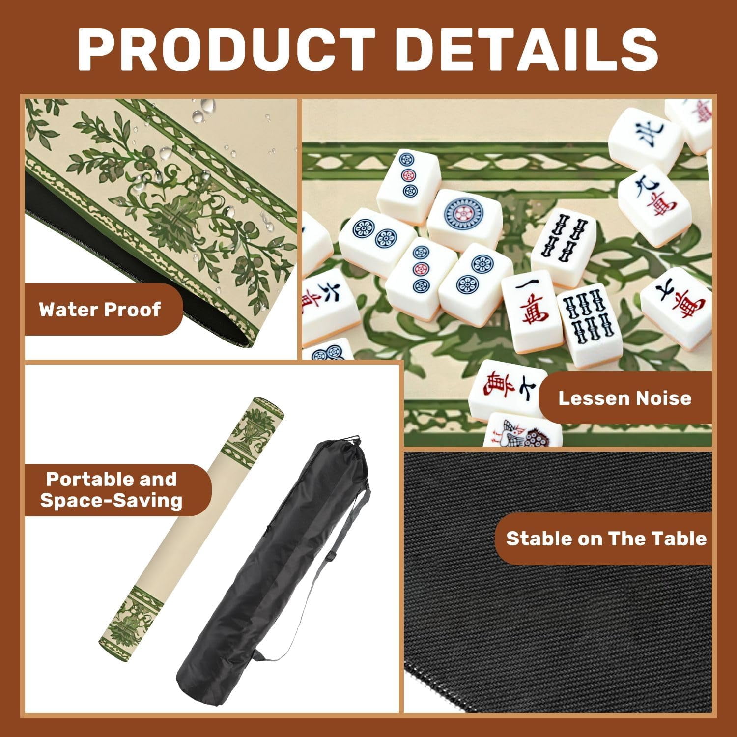 Mahjong Mat with Carrying Bag 31.5" x 31.5" Non-Slip Noise Reduction Oriental Bamboo Frame Floral Pagoda Design Table Mat for Mahjong Poker Dominoes Card Board Tile Games