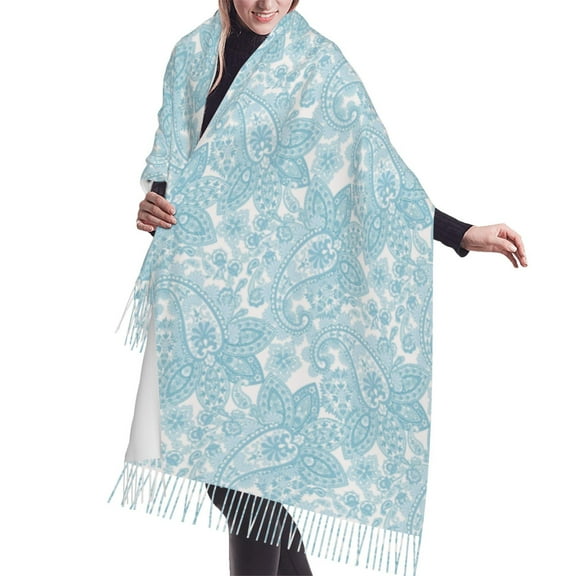 Shawl Wraps for Women - White Light Blue Paisley Oversized Fall Winter Fashion Blanket Scarf for Women