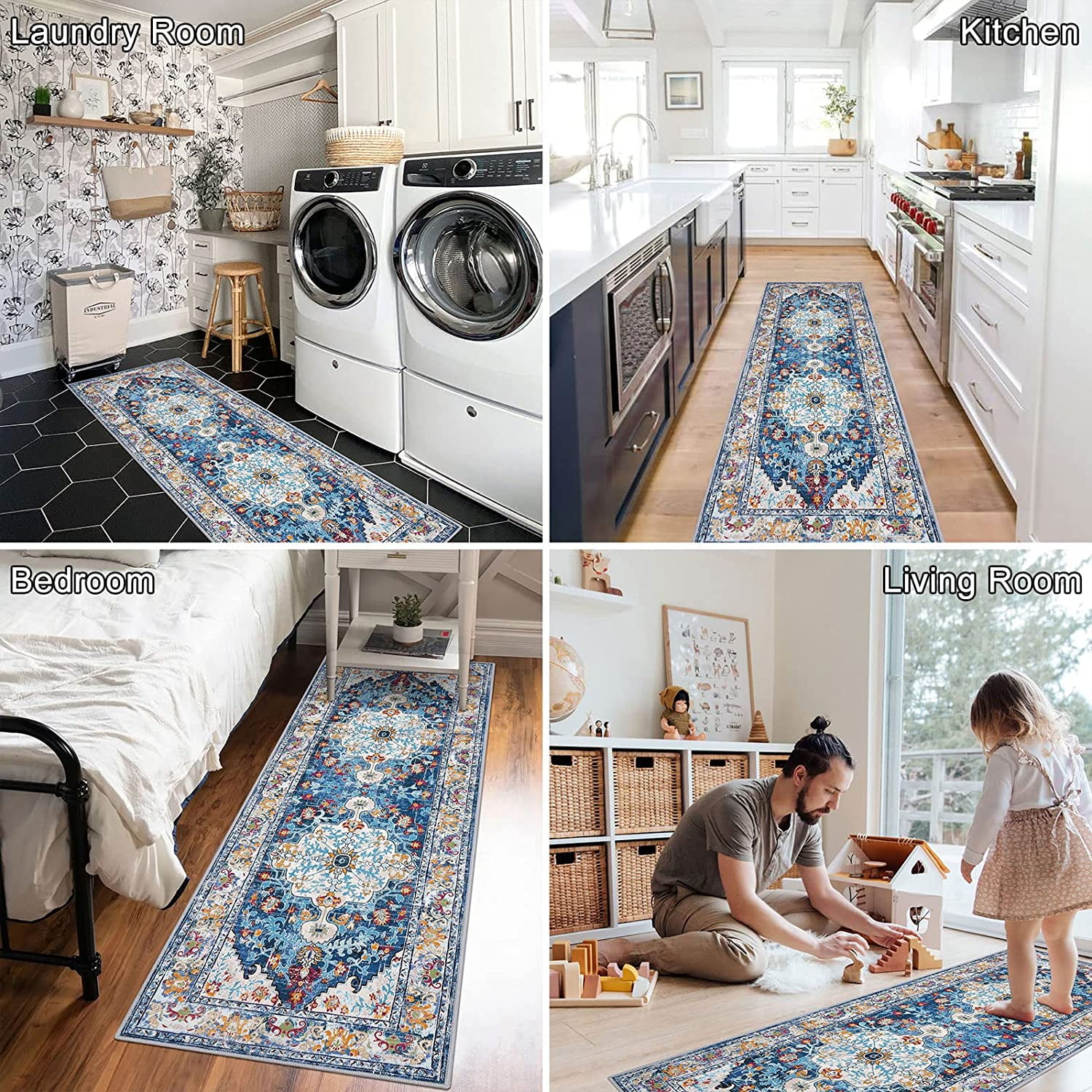 Findosom 2'x6' Vintage Boho Runner Rug Washable Non-slip Area Rug,Hallway Indoor Farmhouse Bedroom Kitchen Living Room Non Shedding Runner, Contemporary Low Plie Floor Carpet Doormat,Blue