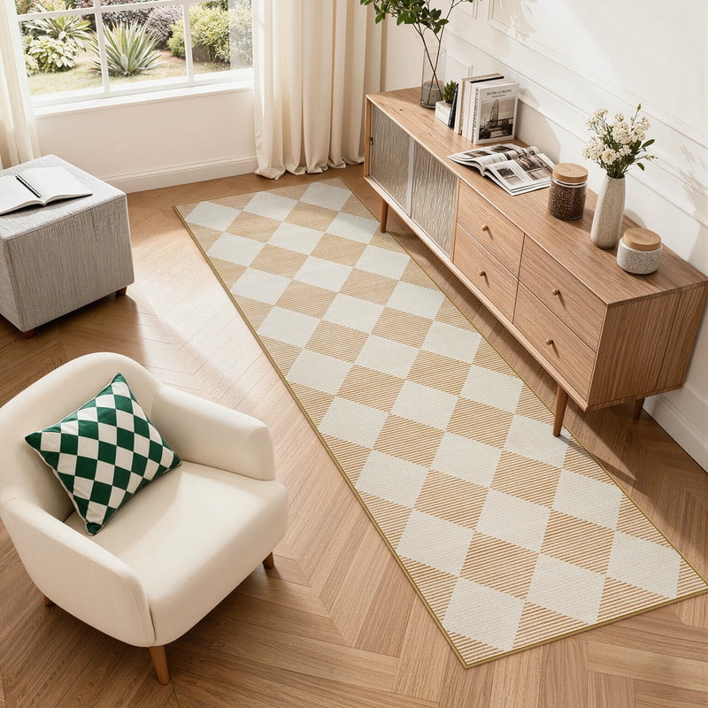 SUNDEREY 2'6''x8' Easy Jute Rugs for Hallway Entryway, 2.5x8 Non-Slip Washable Kitchen Rugs, Modern Checkered Hallway Rug, Farmhouse Neutral Soft Low Pile Carpet for Bedside Entry Front Door, Beige