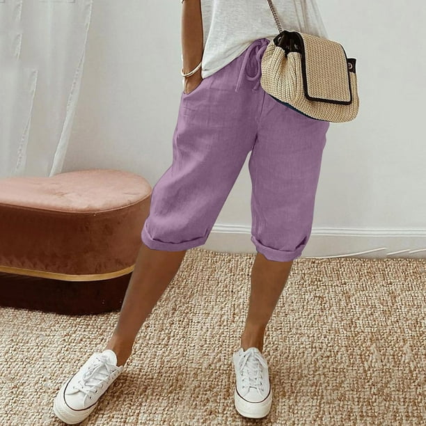 WILLBEST Pantalones Casuales para Mujer, Cómodos, a La Moda, Lisos, con Bolsillos Grandes, Elásticos, Capri para Uso Diario Mediana