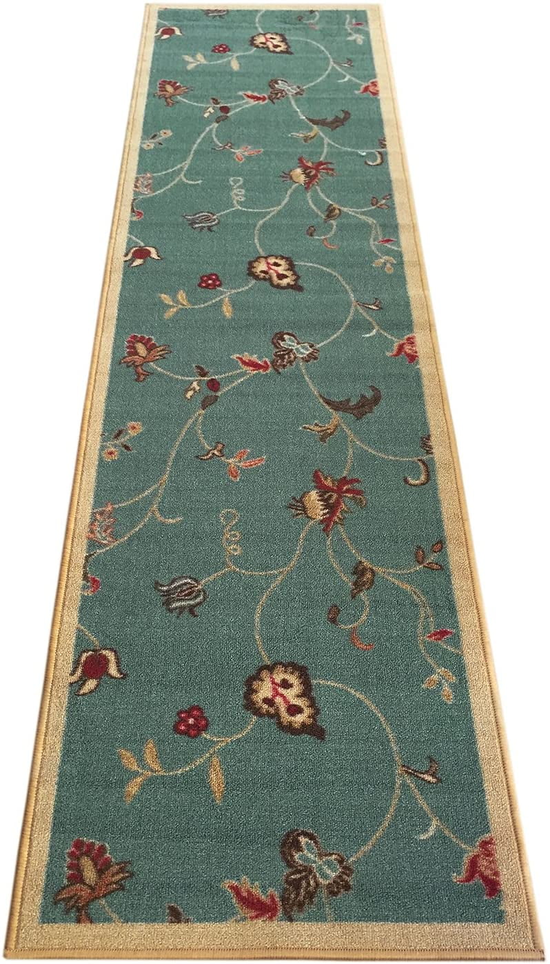 Flowers Scroll Floral Teal Blue Rug Runner Printed Slip Resistant