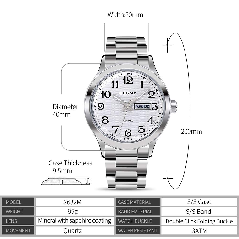 BERNY Silver Watch for Men, Fashion Easy to Read Quartz Analog Watch with Day & Date Calendar, Luminous, Stainless Steel, Waterproof, Business Dress Men's Wrist Watches (White)