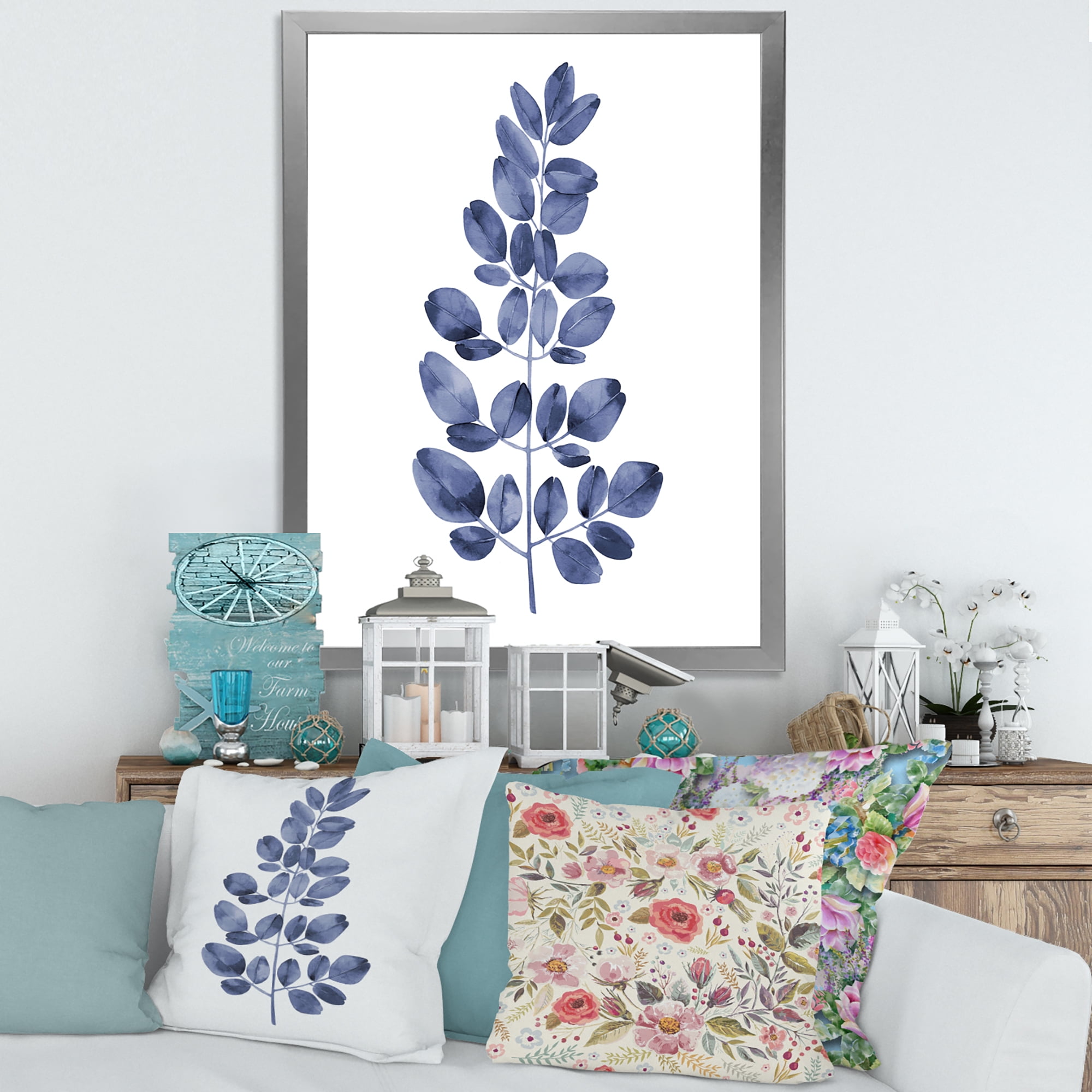 Designart 'Navy Blue Eucalyptus On White' Traditional Framed Art Print
