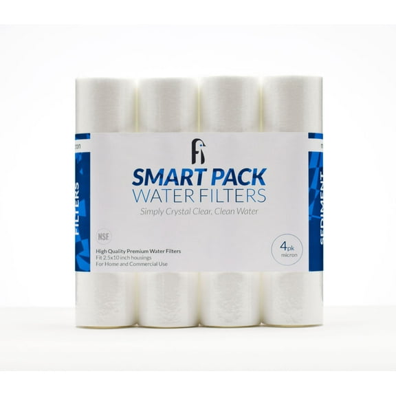 Smart Pack 1 Micron NSF Sediment Water Filter For RO, DI, Whole House, Ice Machine - Universal Size 2.5" x 10", 4 Pack