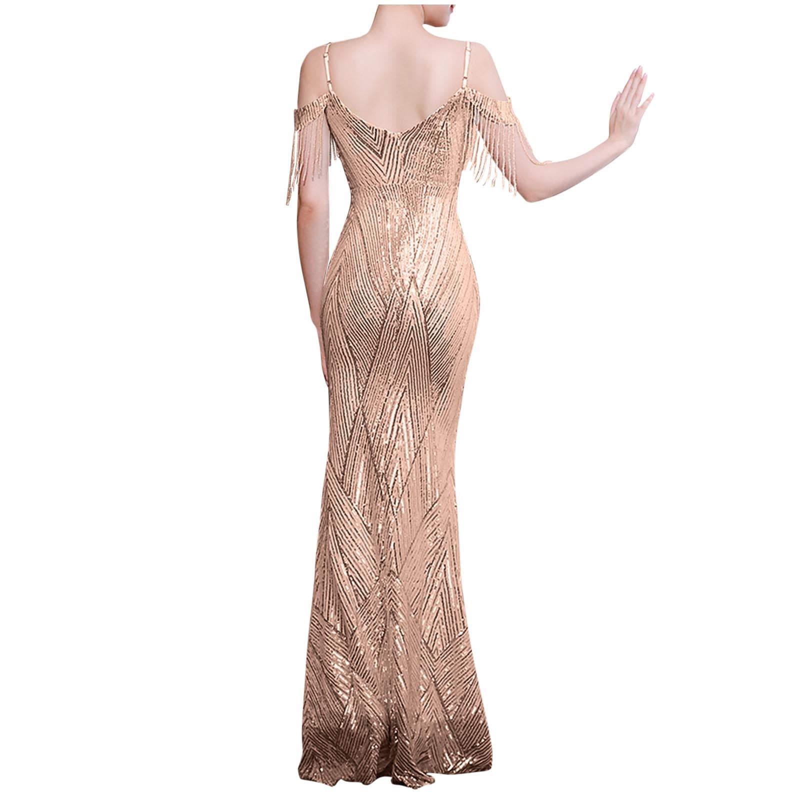 Short Dresses Women's V Neck Sequin Formal Evening Dress Tassel Cold Sleeve Long Gown Retro Party Maxi Mermaid Dress Cute Dresses S-6 Gold XL