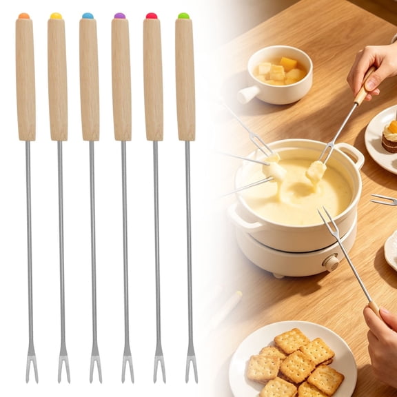 6 PCS Fondue Forks, Stainless Steel 9.5 Inch for Chocolate and Cheese Color-coded Handles; Heat-resistant Wooden Grip; Ideal for Chocolate Fondue & Cheese Dipping; Perfect for Party and Dessert