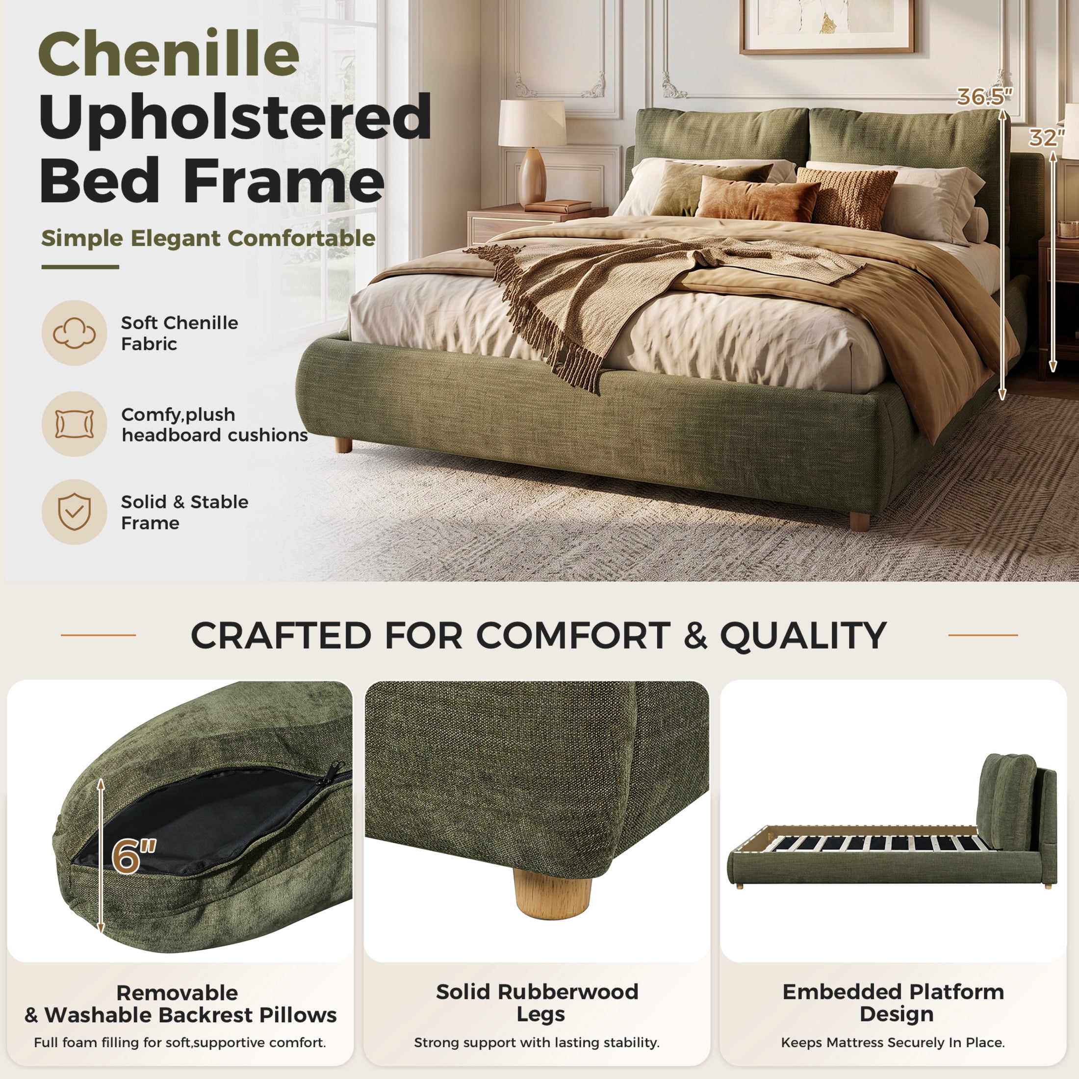 Christopher Knight Home King Upholstered Bed Frame with Removable Pillow Headboard, Olive Green